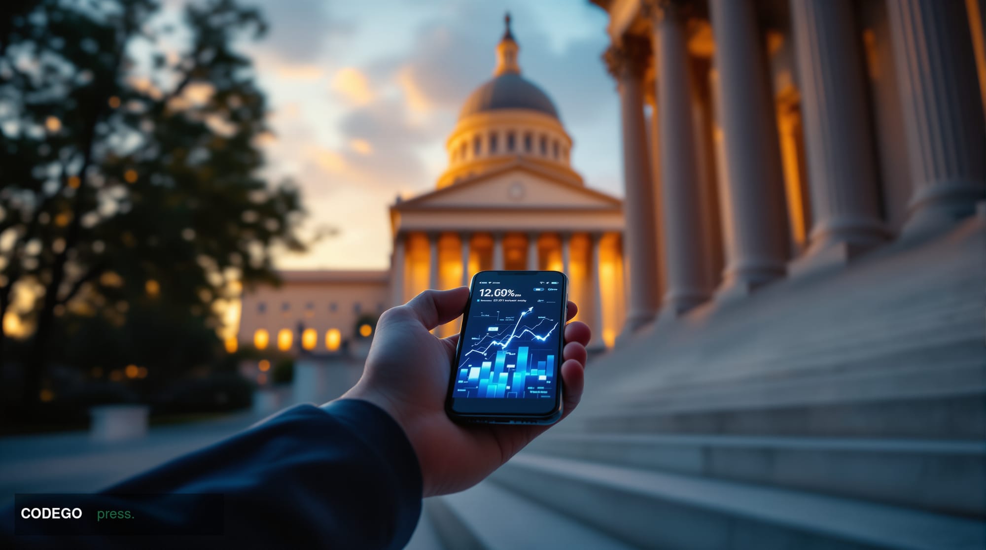 A cinematic editorial photograph capturing the intersection of traditional finance and cryptocurrency regulation. The scene s
