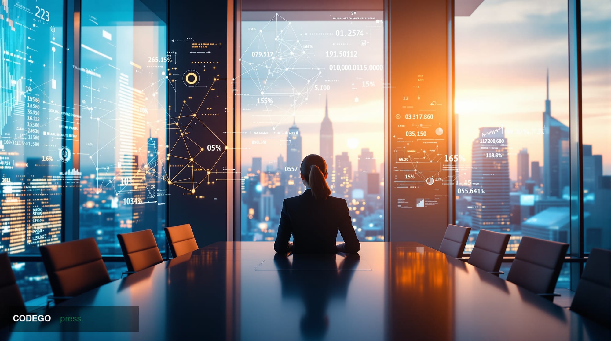 A cinematic editorial photograph capturing a modern European corporate boardroom with floor-to-ceiling windows overlooking a 