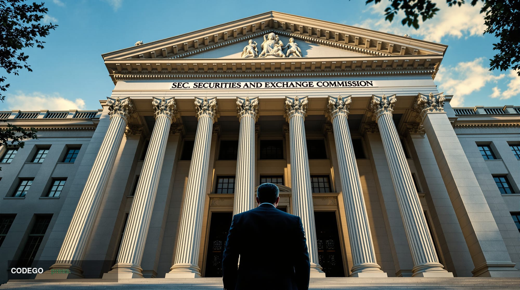 A dramatic photorealistic editorial photograph showing the imposing neoclassical facade of the SEC headquarters building in W
