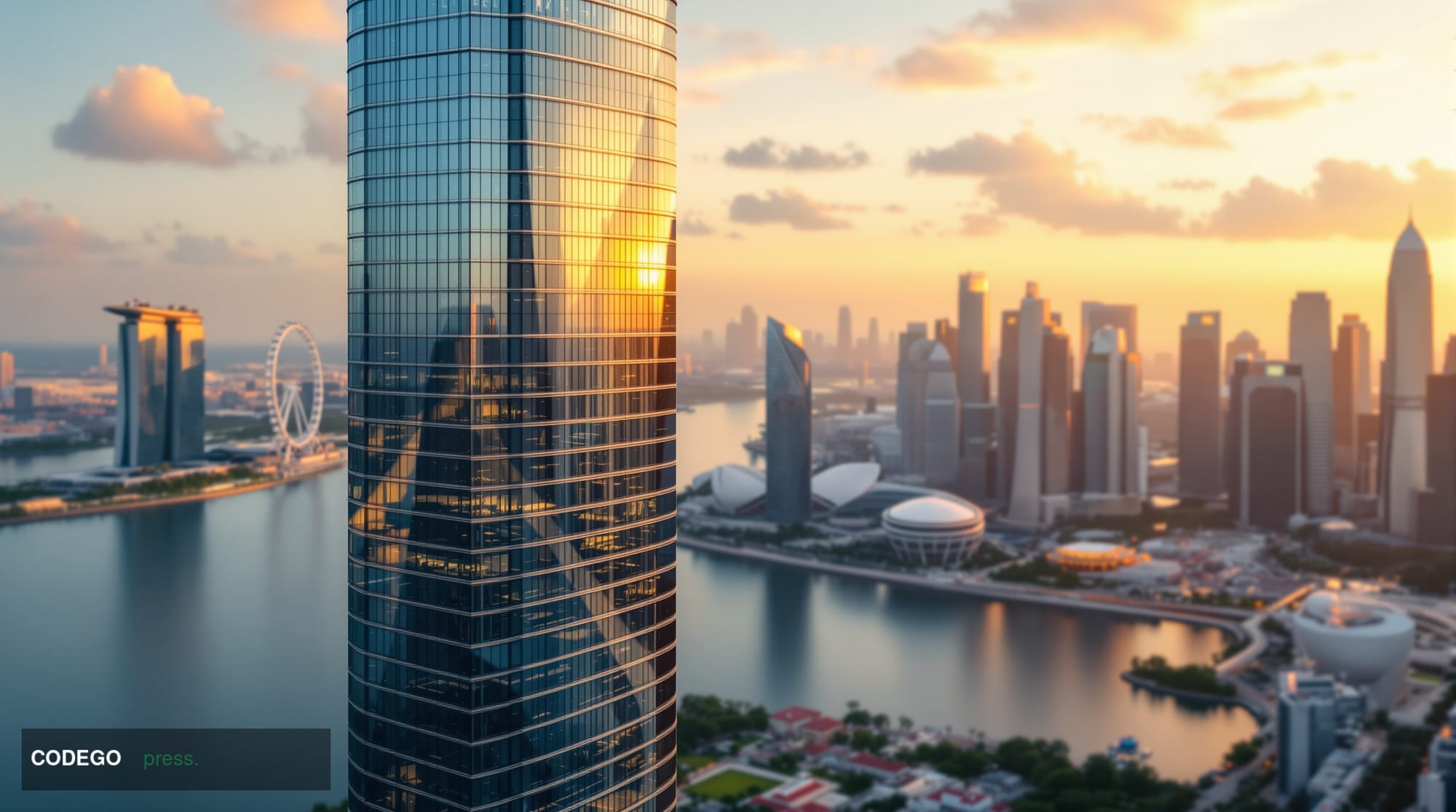 A striking editorial photograph capturing Singapore's Marina Bay financial district at golden hour, featuring the iconic SGX 