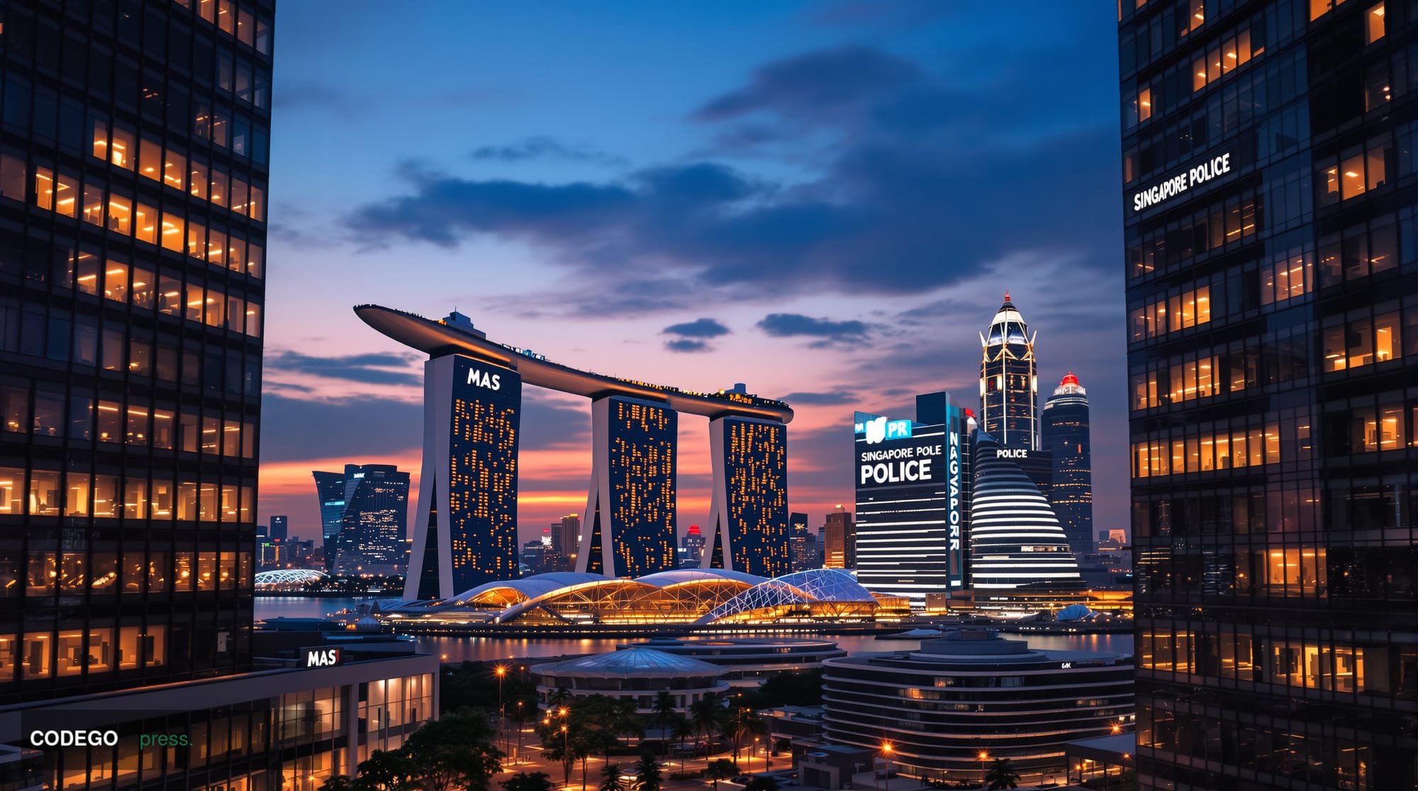 A dramatic photorealistic editorial photograph of Singapore's financial district at dusk, featuring the iconic Marina Bay sky