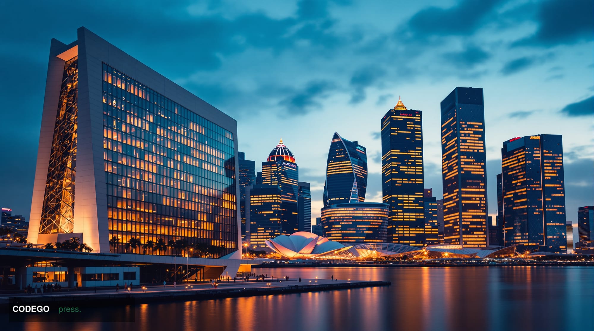 A cinematic editorial photograph showing Singapore's iconic Marina Bay skyline at dusk with the Singapore Police Force headqu