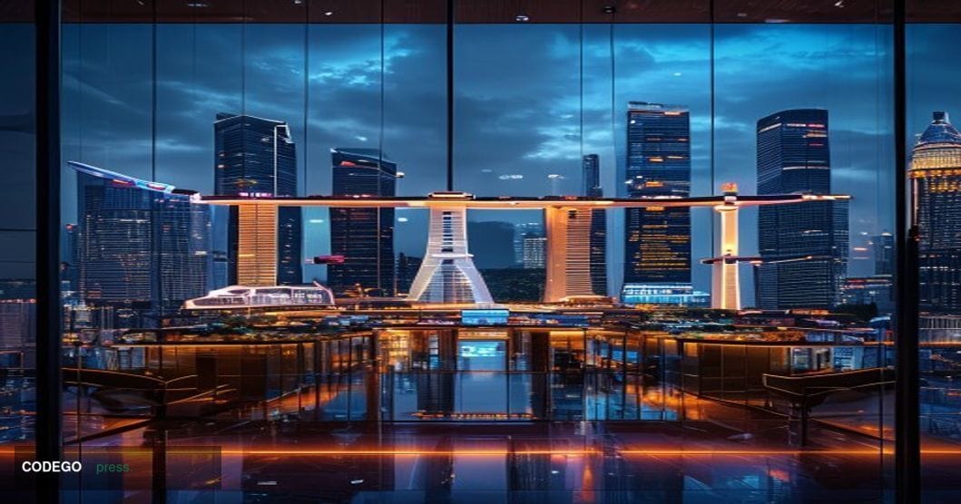 A photorealistic editorial photograph showcasing Singapore's financial district with the iconic Marina Bay Sands and CBD skyl