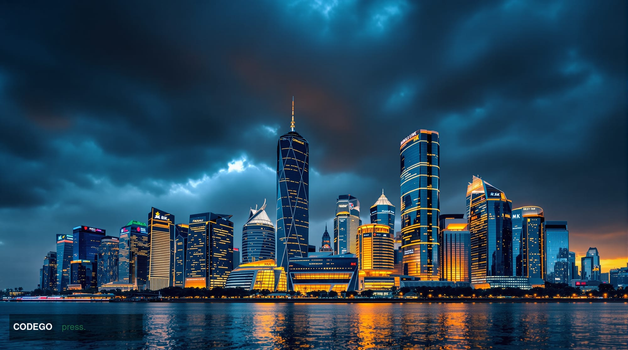 A dramatic photorealistic editorial photograph capturing Singapore's central business district with the iconic Marina Bay sky