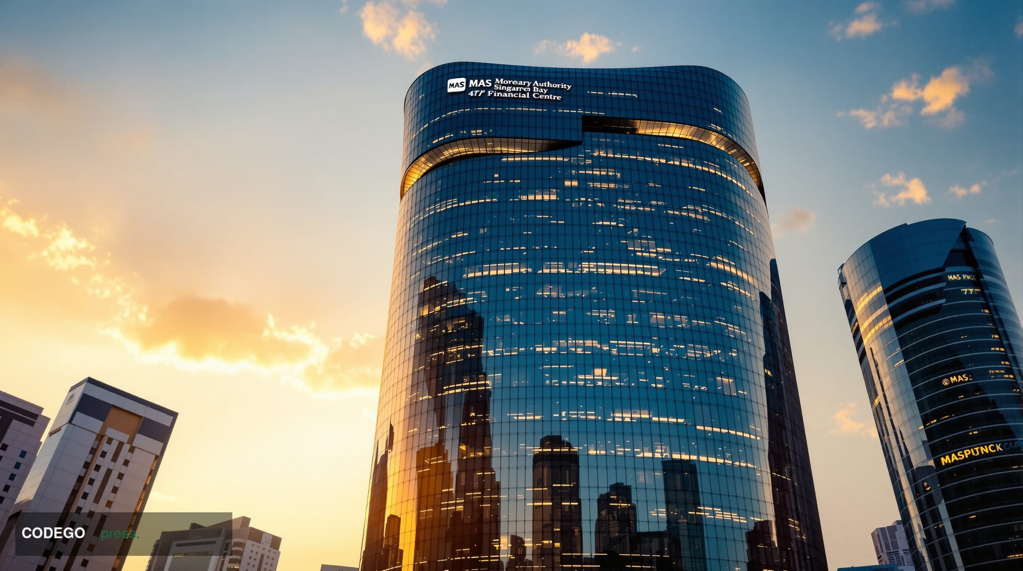 A dramatic editorial photograph of the Monetary Authority of Singapore's distinctive curved glass headquarters building in th