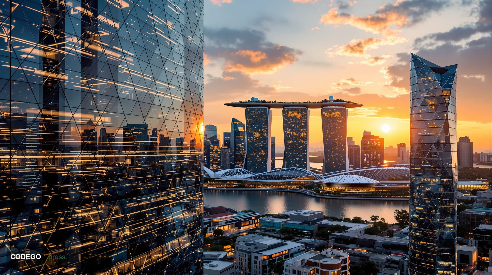 A photorealistic editorial photograph of Singapore's iconic Marina Bay financial district at golden hour, showcasing the glea