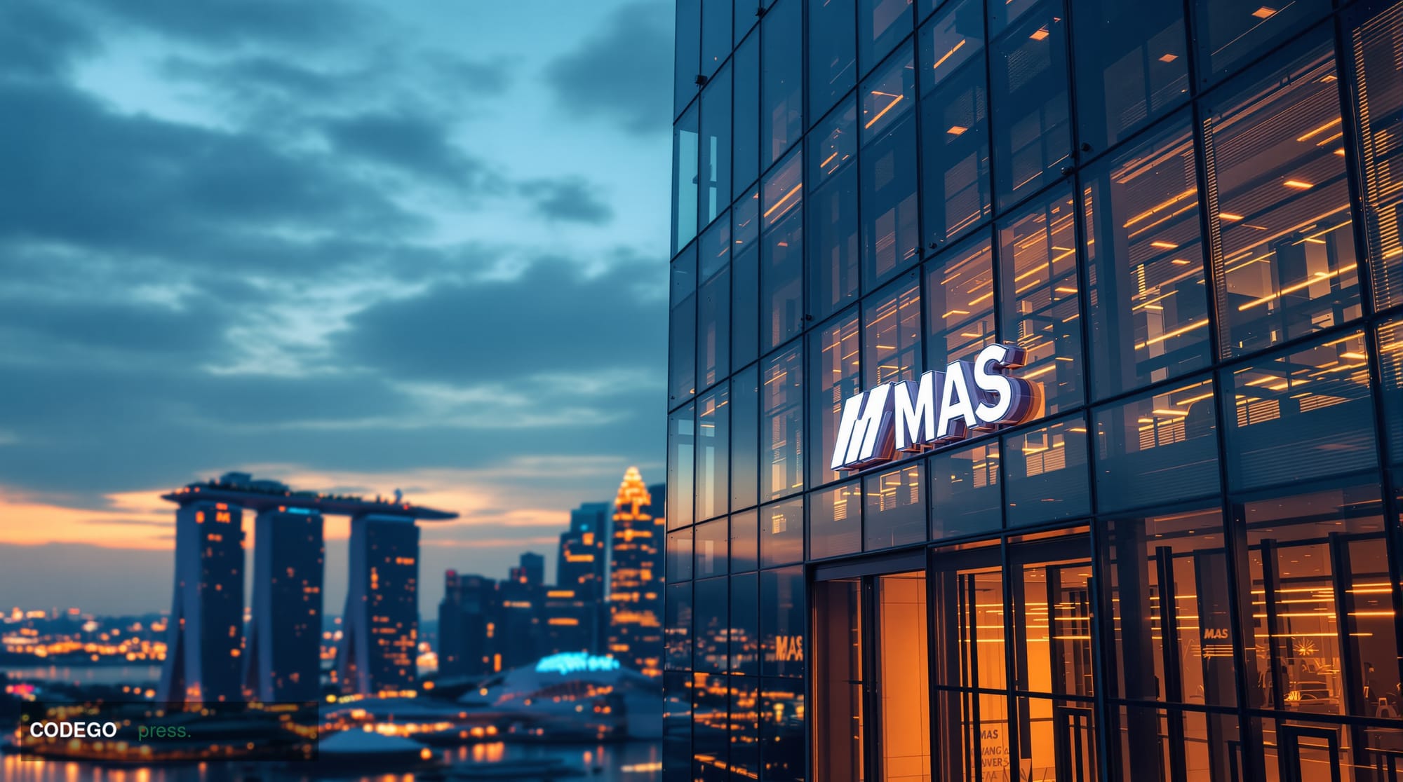 A cinematic editorial photograph of Singapore's central business district skyline at dusk, featuring the iconic Marina Bay Sa