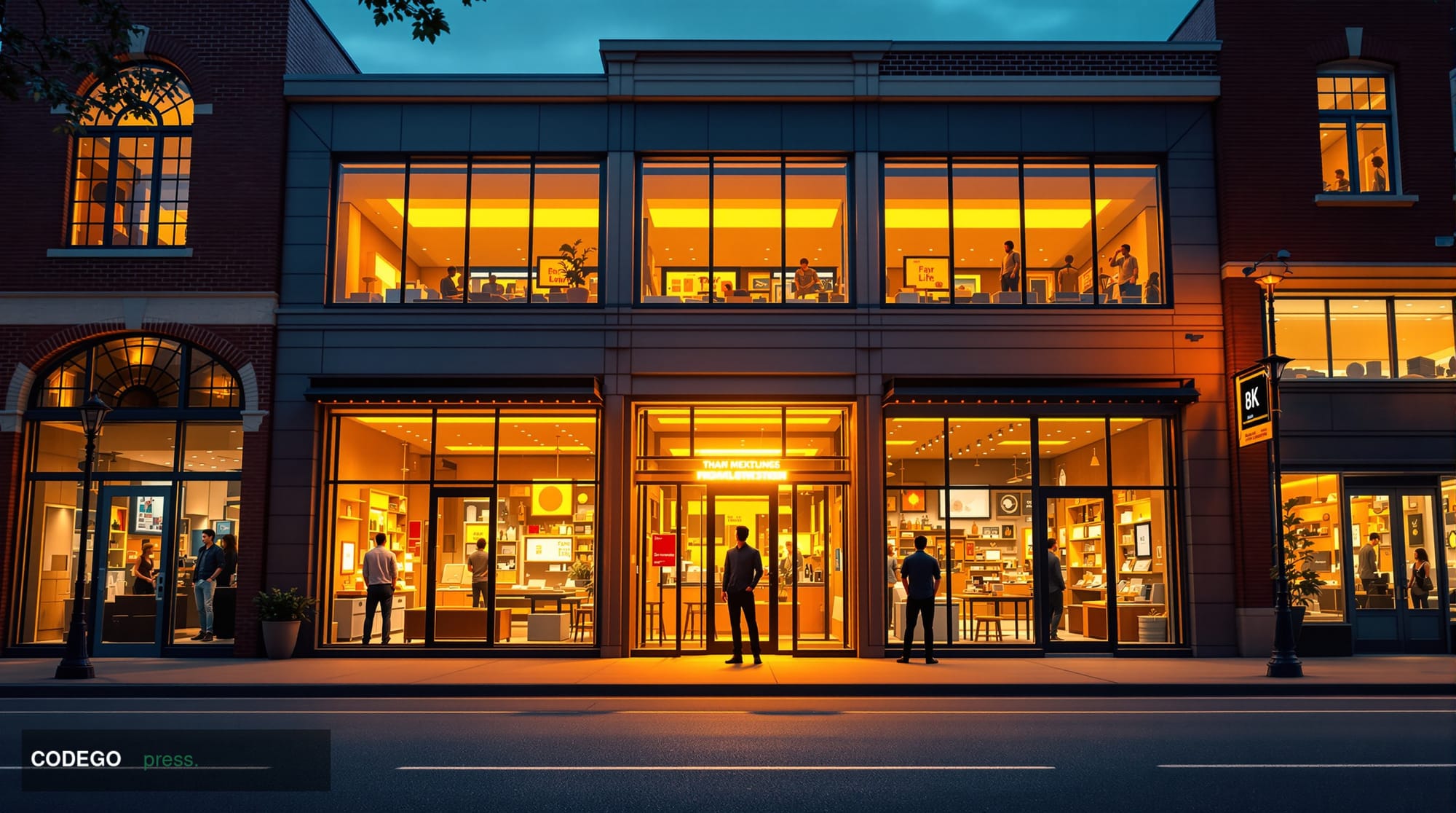 A photorealistic editorial photograph of a bustling small business district main street during golden hour, with diverse stor
