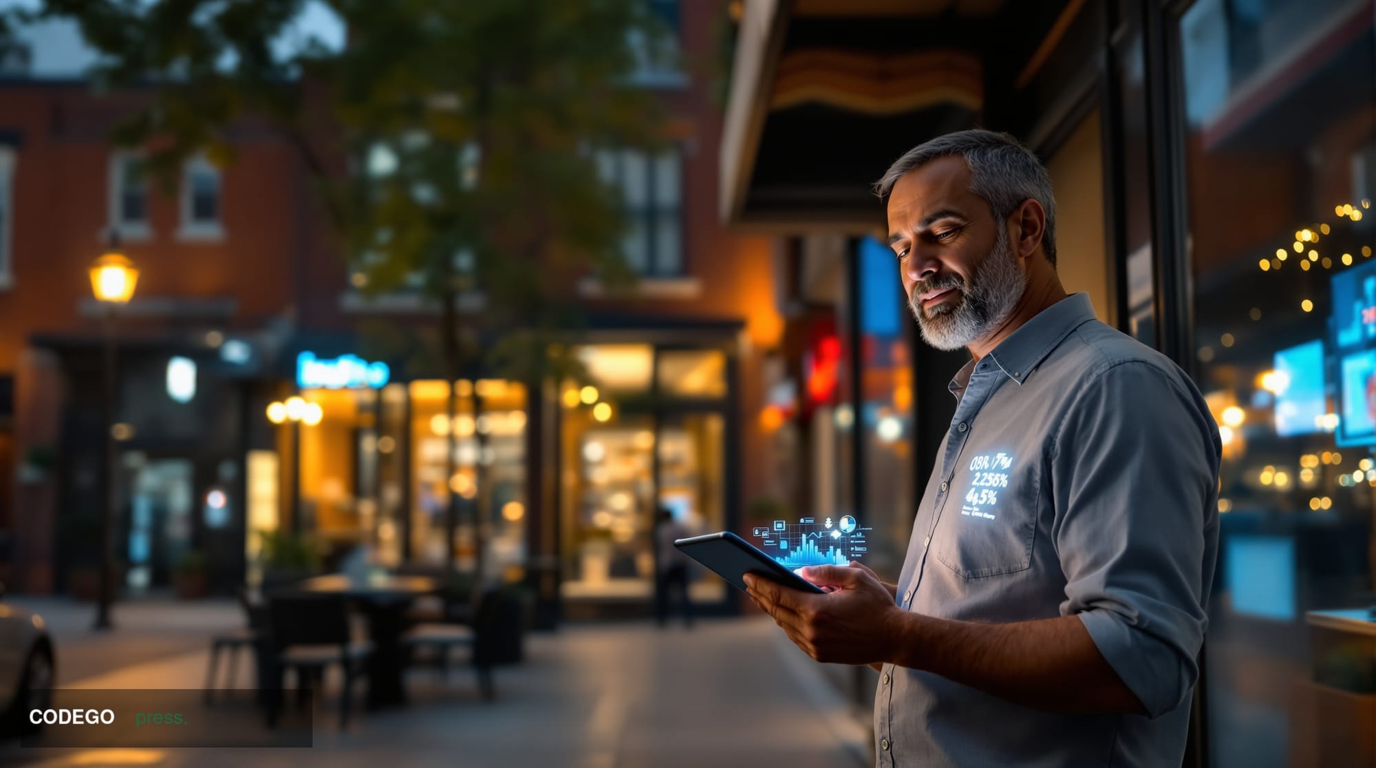 A photorealistic editorial photograph capturing the intersection of traditional small business and modern AI technology adopt