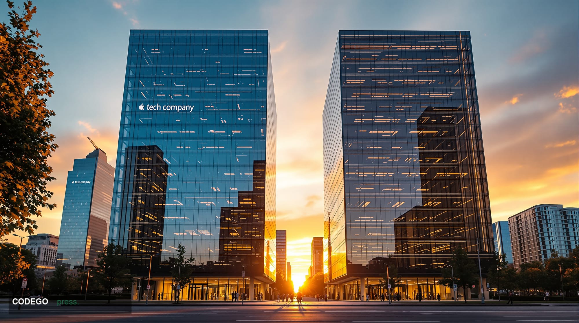 A photorealistic editorial photograph showing the modern glass facades of two distinct tech company headquarters in a dramati