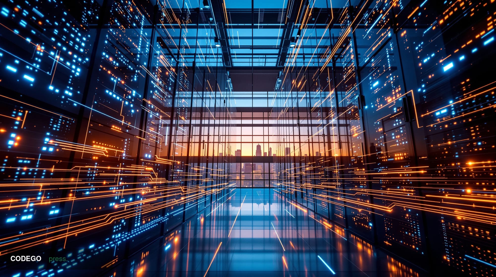 A cinematic editorial photograph showcasing the convergence of enterprise cloud infrastructure and artificial intelligence. T