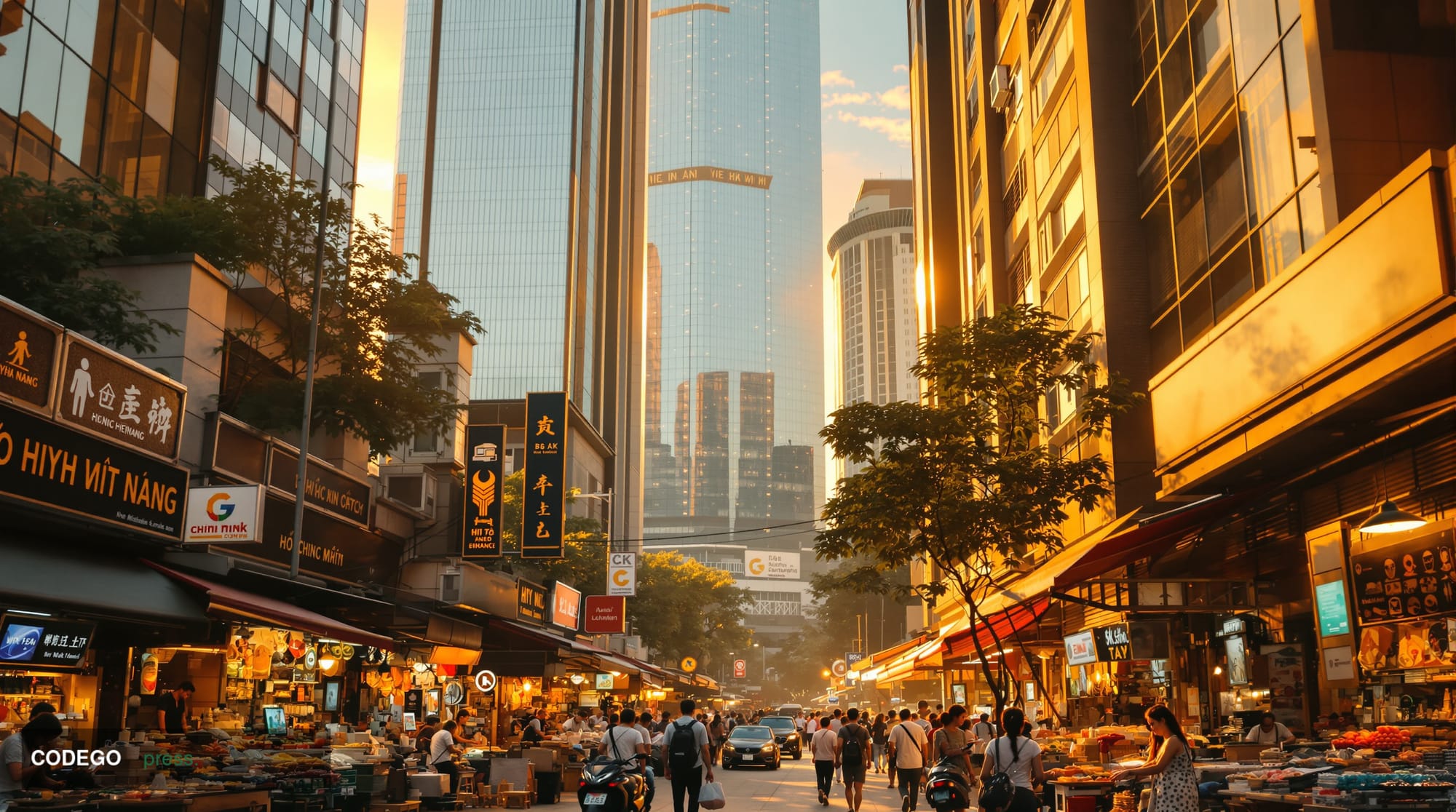 A cinematic editorial photograph showcasing Vietnam's bustling commercial district in Ho Chi Minh City, featuring traditional
