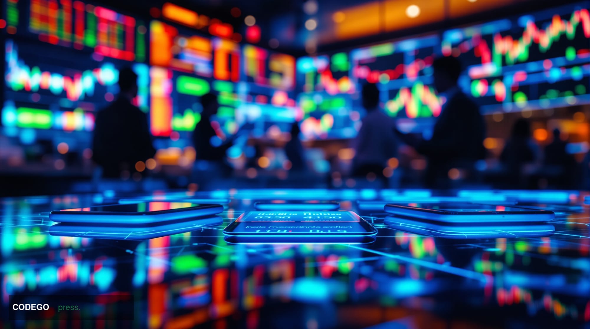 A photorealistic editorial photograph capturing the tension between digital euphoria and market caution. The scene shows a hi