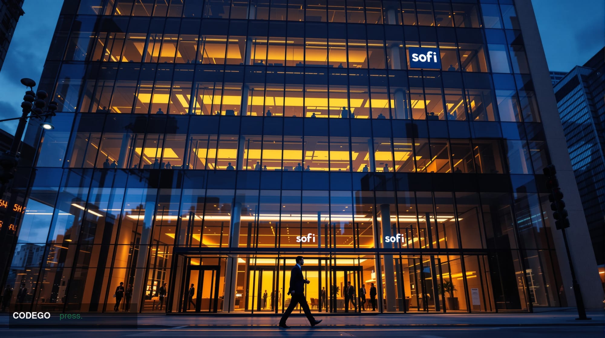 Photorealistic editorial photograph of SoFi's distinctive headquarters building in San Francisco's financial district, shot f