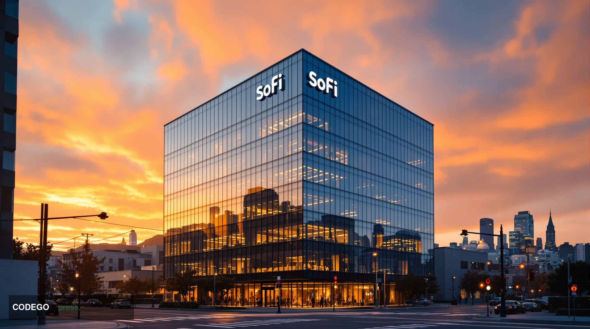 A dramatic editorial photograph of SoFi's modern corporate headquarters building in San Francisco's SOMA district, with "SoFi