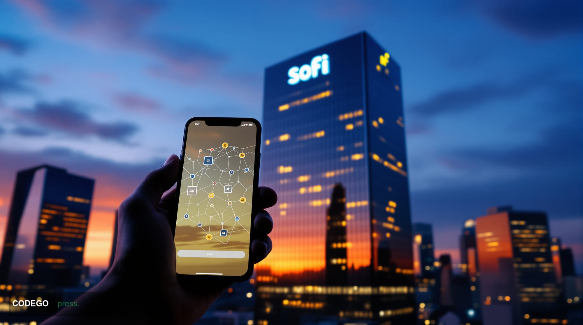 Photorealistic editorial photograph of SoFi's sleek San Francisco headquarters building at golden hour, with the company's di