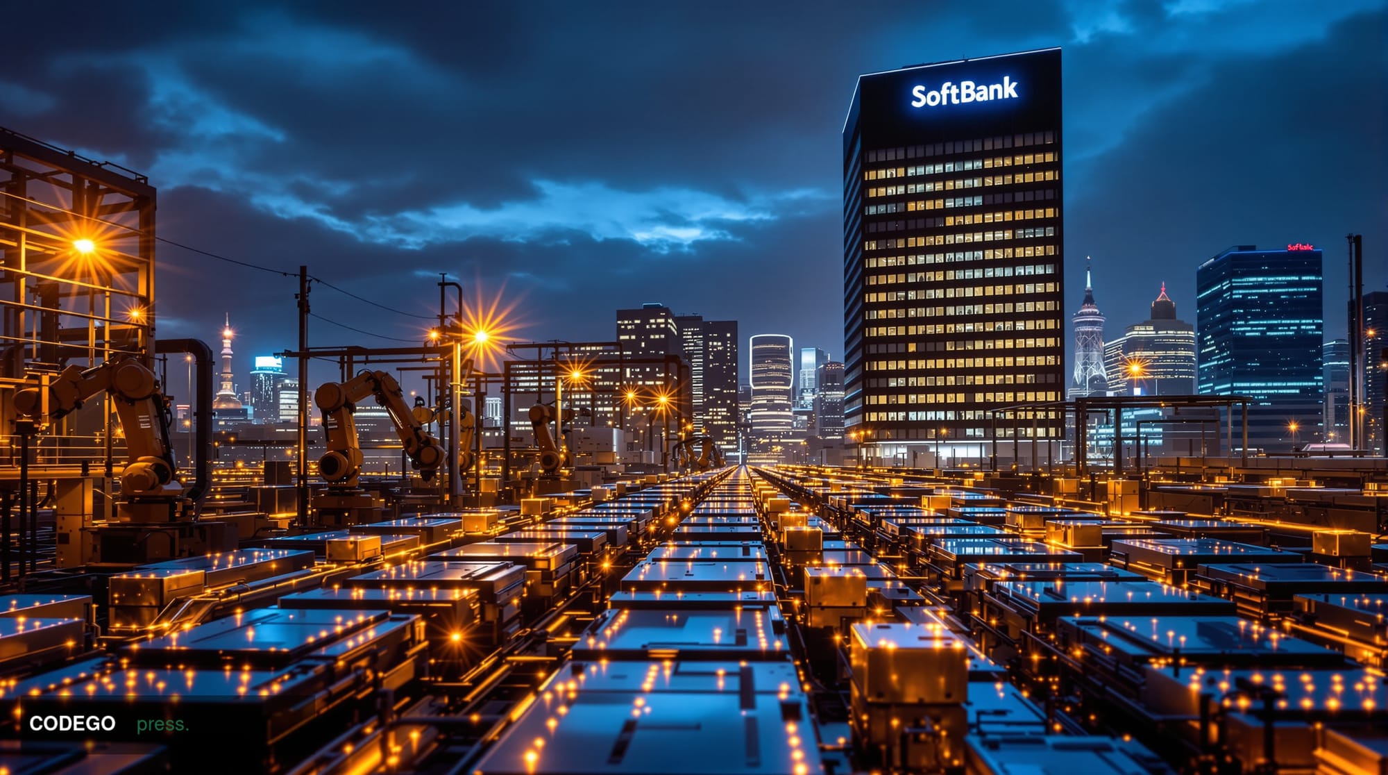 A photorealistic editorial photograph showcasing SoftBank's Tokyo headquarters towering majestically against the city skyline