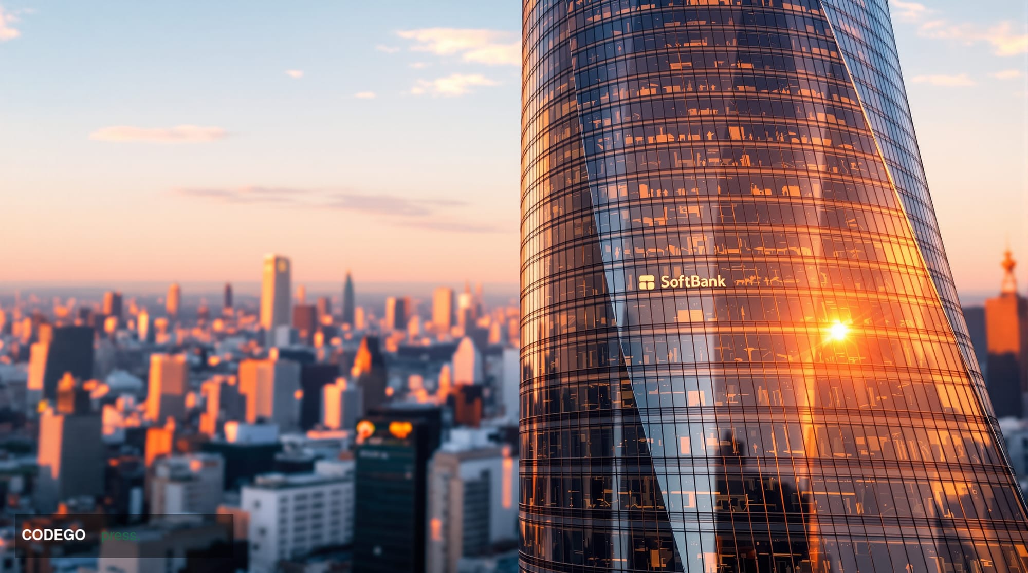 A photorealistic 8K editorial photograph showing the SoftBank headquarters tower in Tokyo's Minato district during golden hou