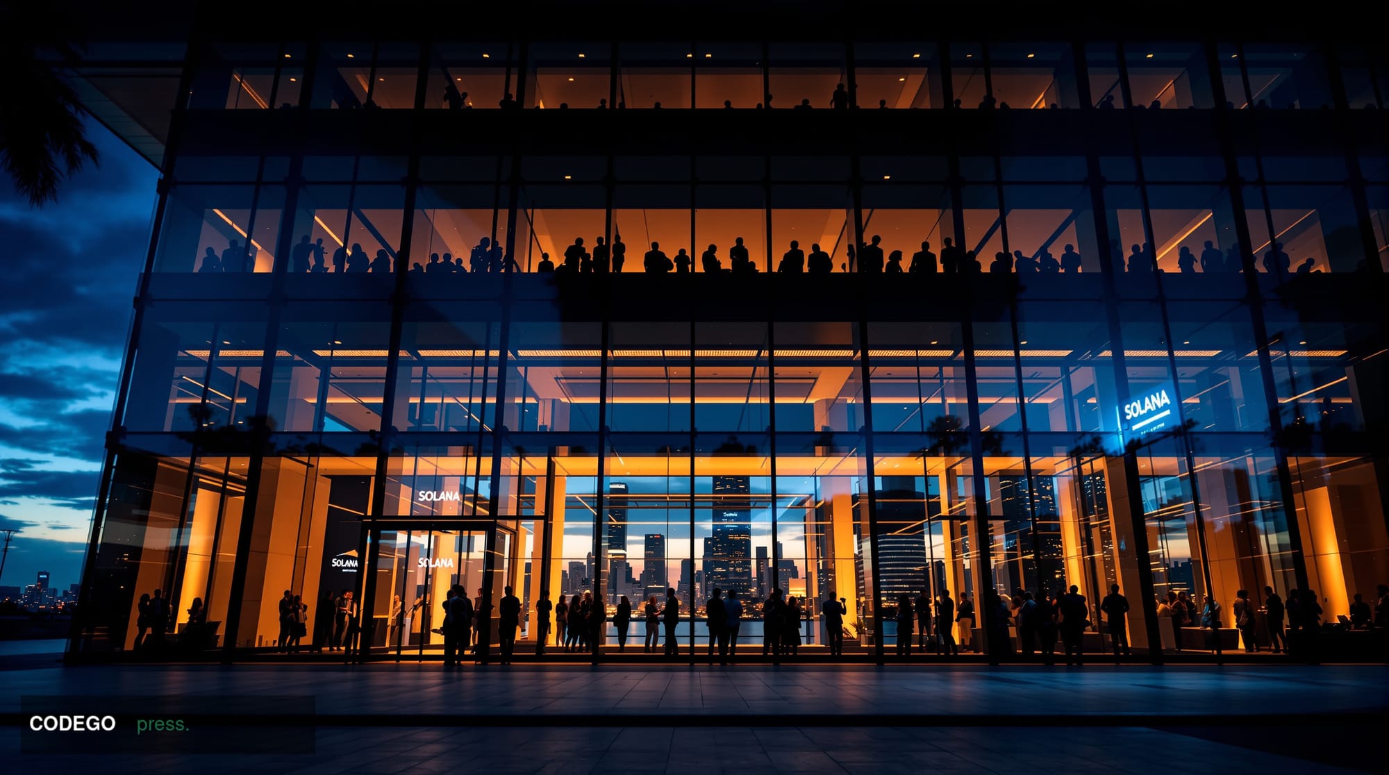 A dramatic editorial photograph capturing the Miami skyline at dusk with the distinctive architecture of the Miami Beach Conv