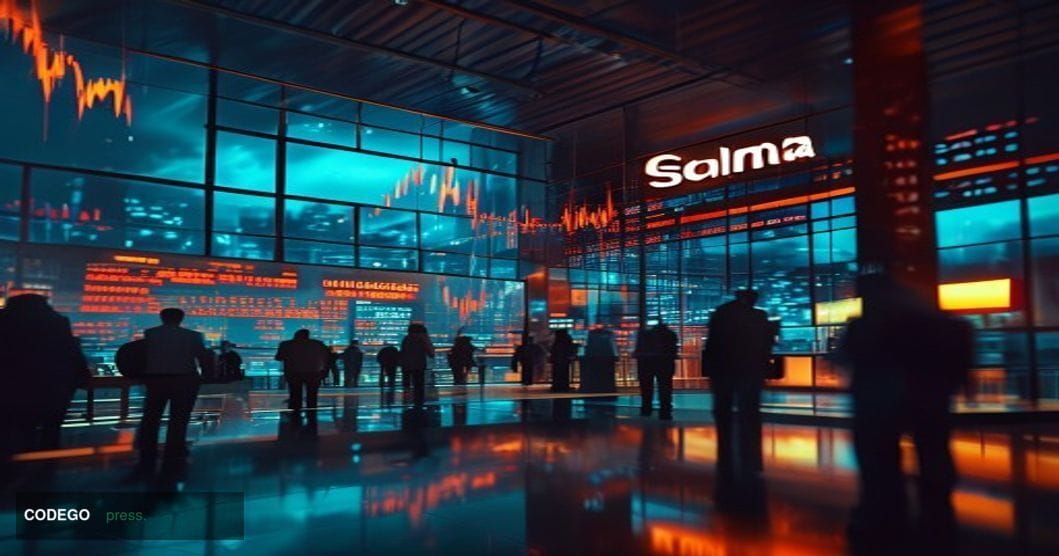 A cinematic editorial photograph showing the Solana ecosystem under market pressure, captured from a dramatic low-angle persp