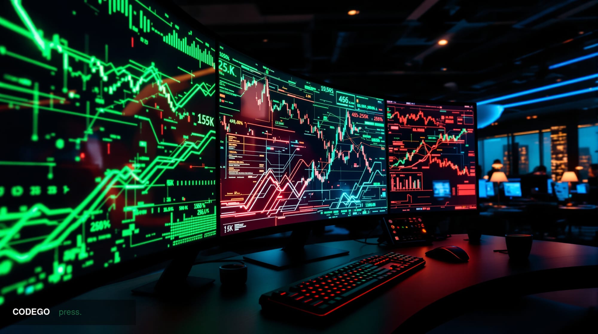 A cinematic editorial photograph capturing Solana's precarious technical position through a dramatic financial trading floor 
