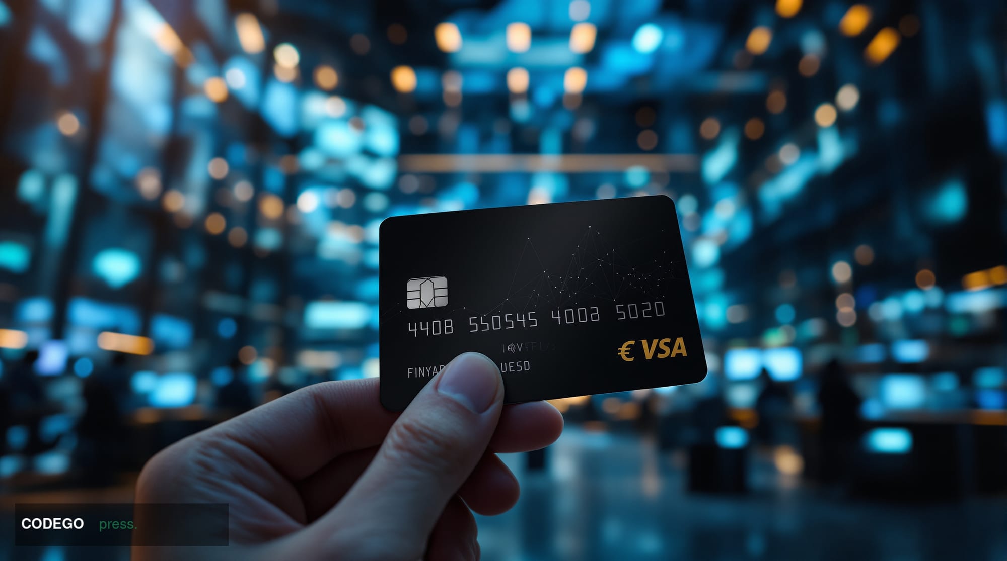 A photorealistic editorial photograph showing a sleek black payment card being held in the foreground with the iconic golden 