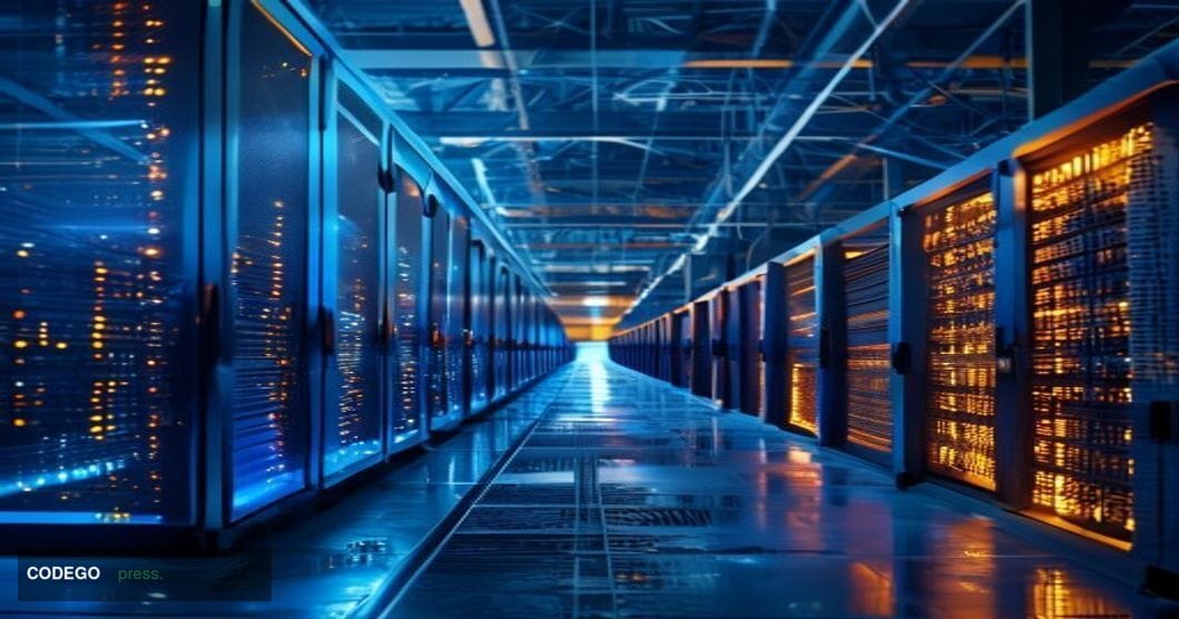 A dramatic split-screen composition showing Soluna's business transformation, with modern AI data center server racks glowing