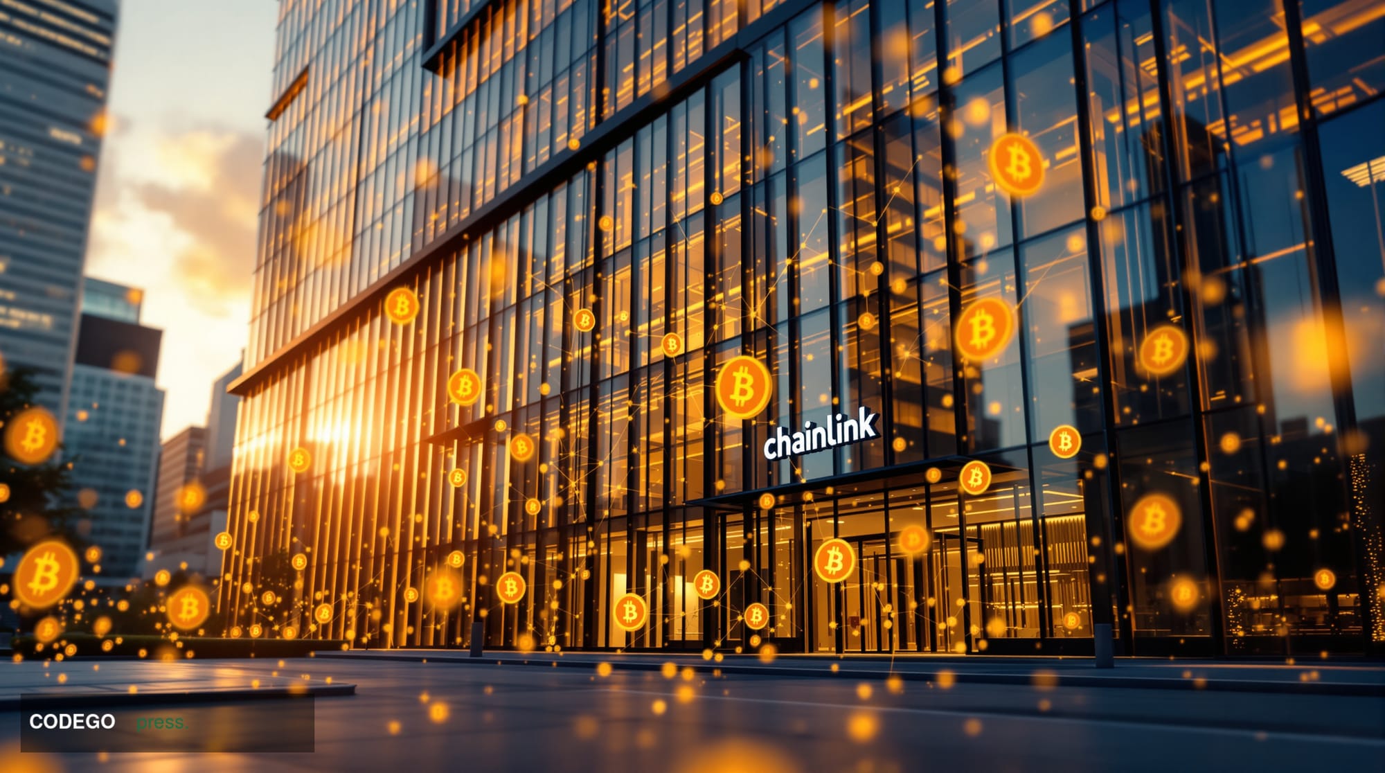 A dramatic architectural photograph of Chainlink's modern corporate headquarters building in a financial district, shot durin