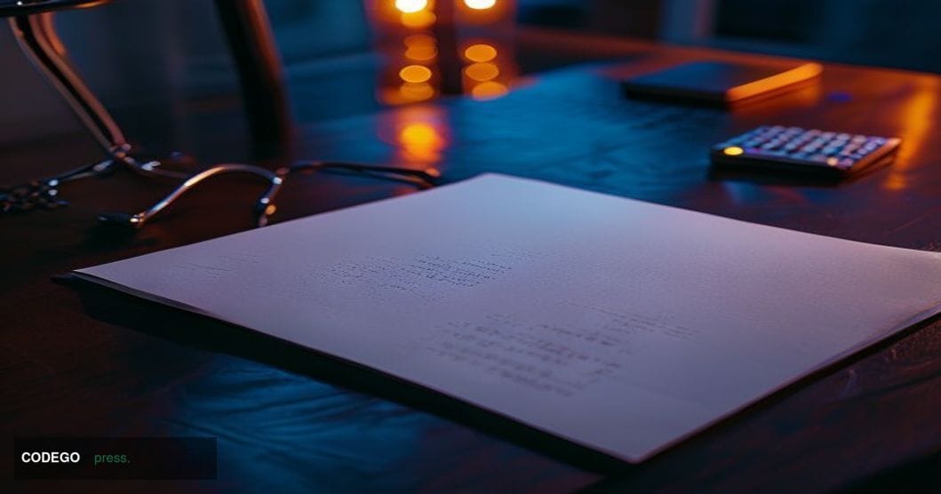 A dramatic cinematic editorial photograph showing a pristine white physical letter lying open on a dark mahogany desk, with t