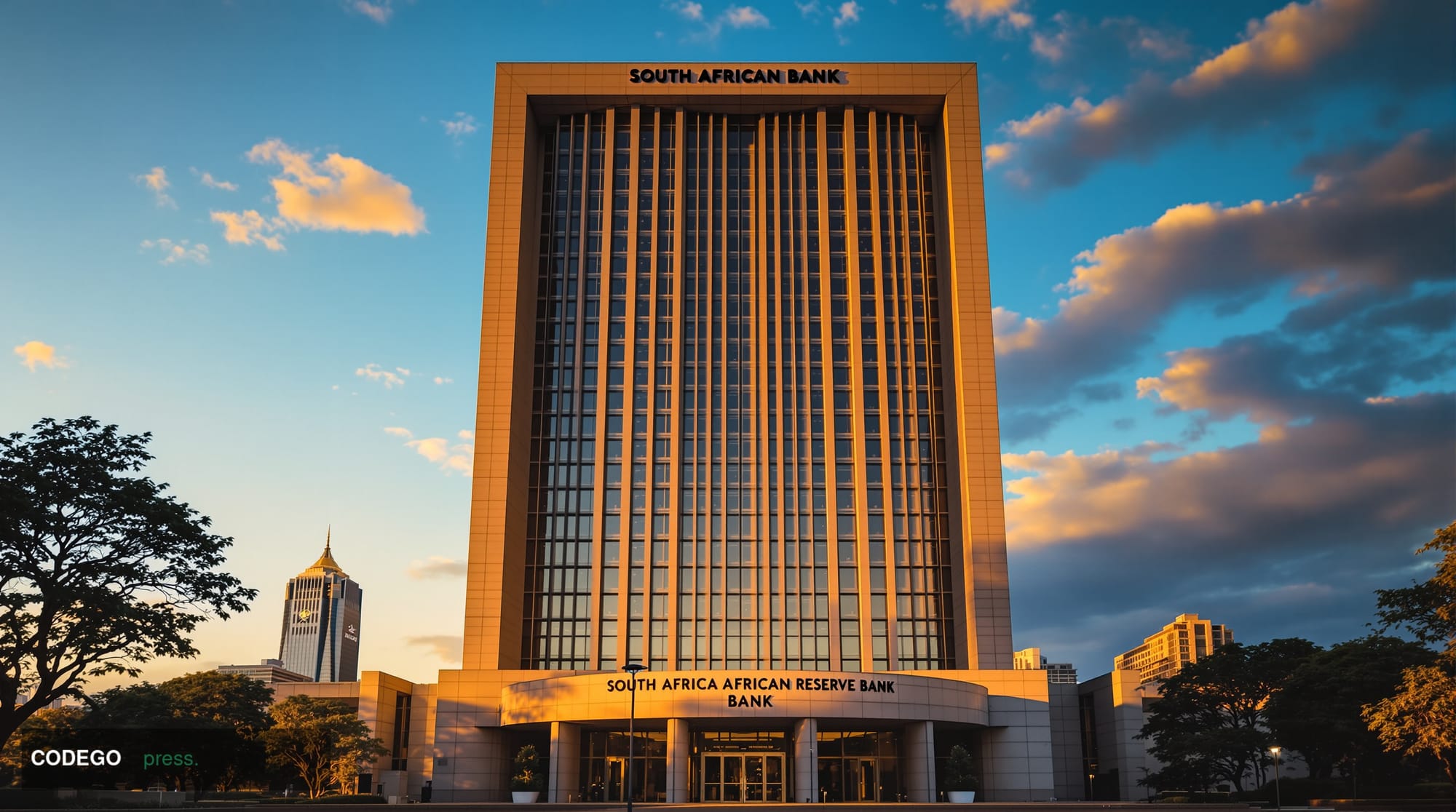A cinematic editorial photograph of the South African Reserve Bank's imposing headquarters building in Pretoria, captured dur