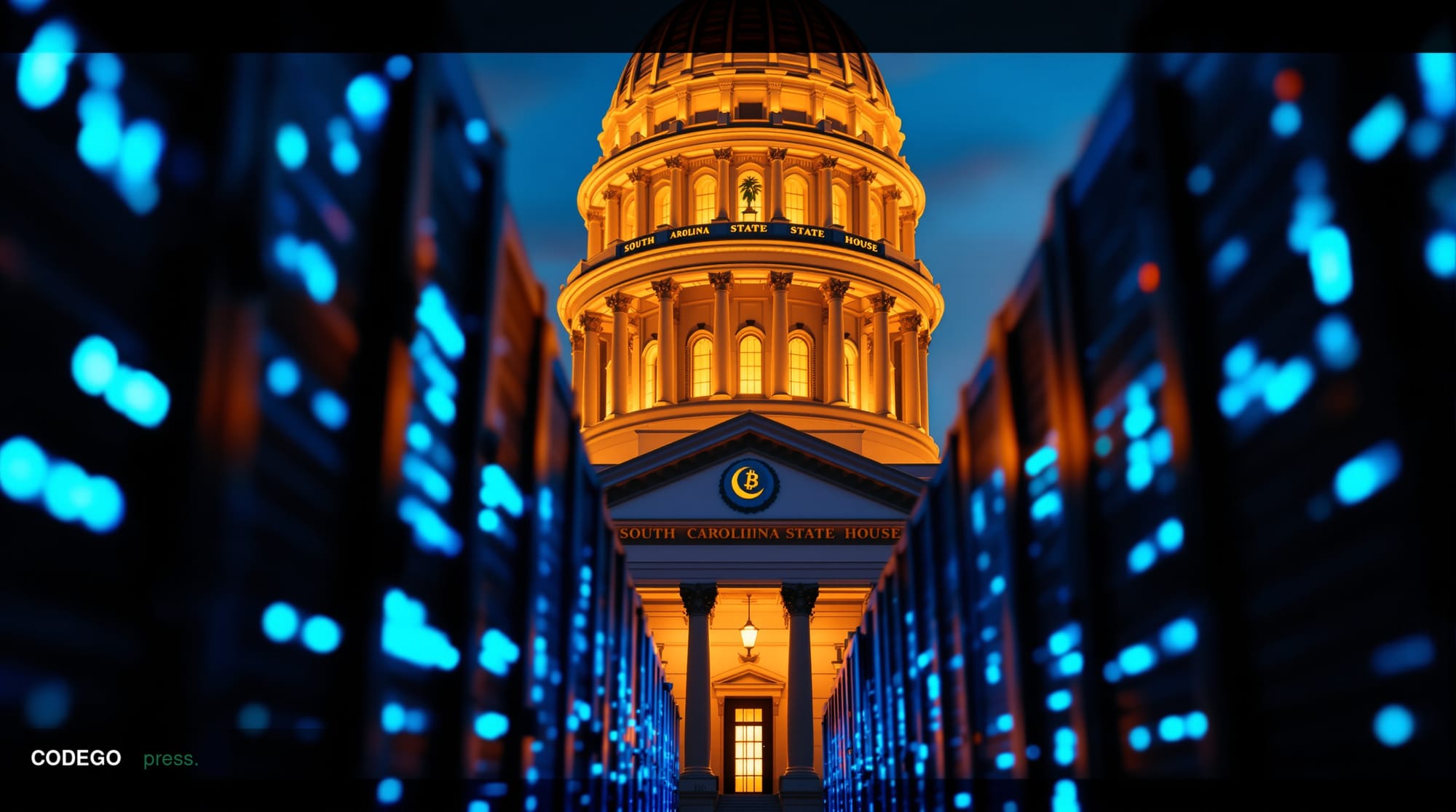 A cinematic editorial photograph capturing the South Carolina State House dome prominently in the foreground, its neoclassica