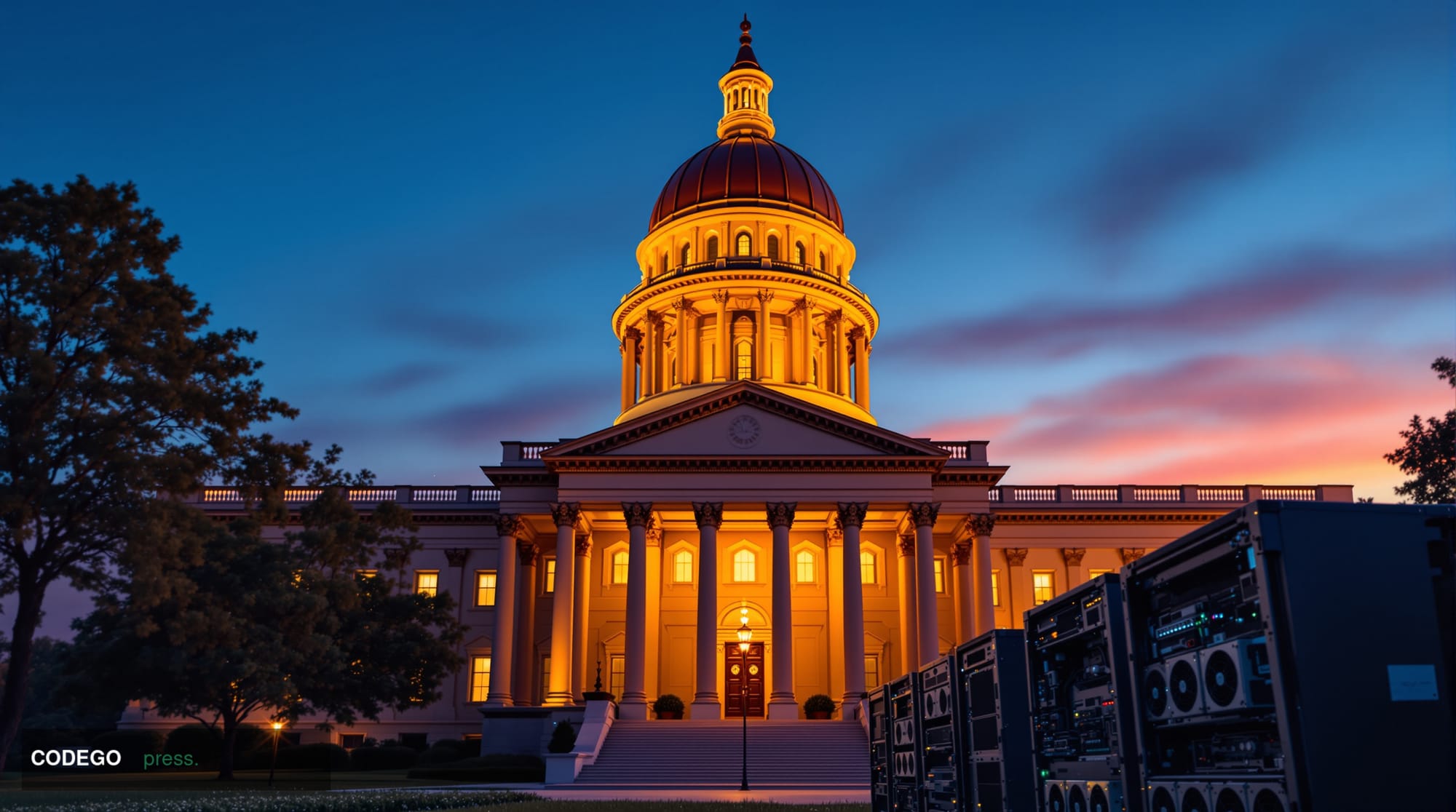 A dramatic photorealistic editorial photograph of the South Carolina State House dome in Columbia, captured at golden hour wi