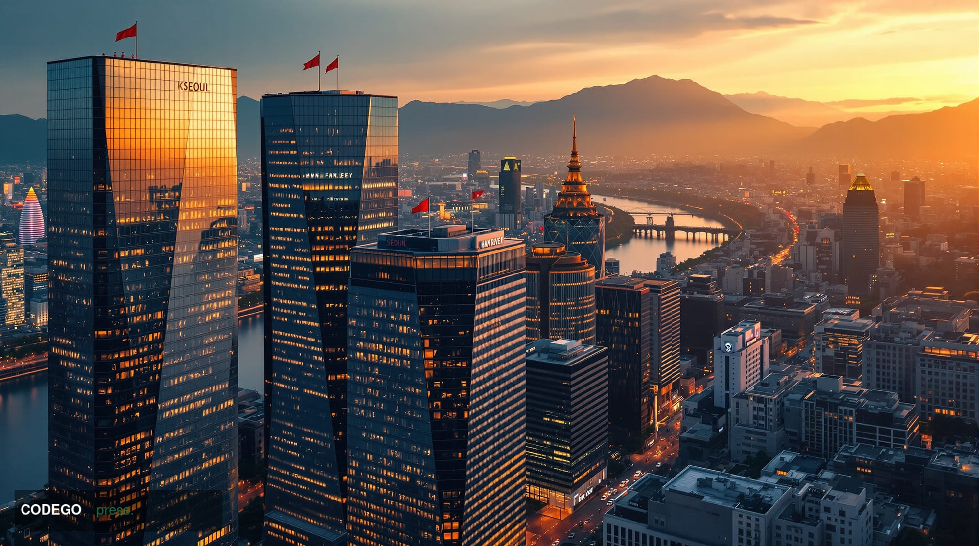A striking aerial view of Seoul's financial district at dusk, featuring the imposing glass towers of major Korean financial i