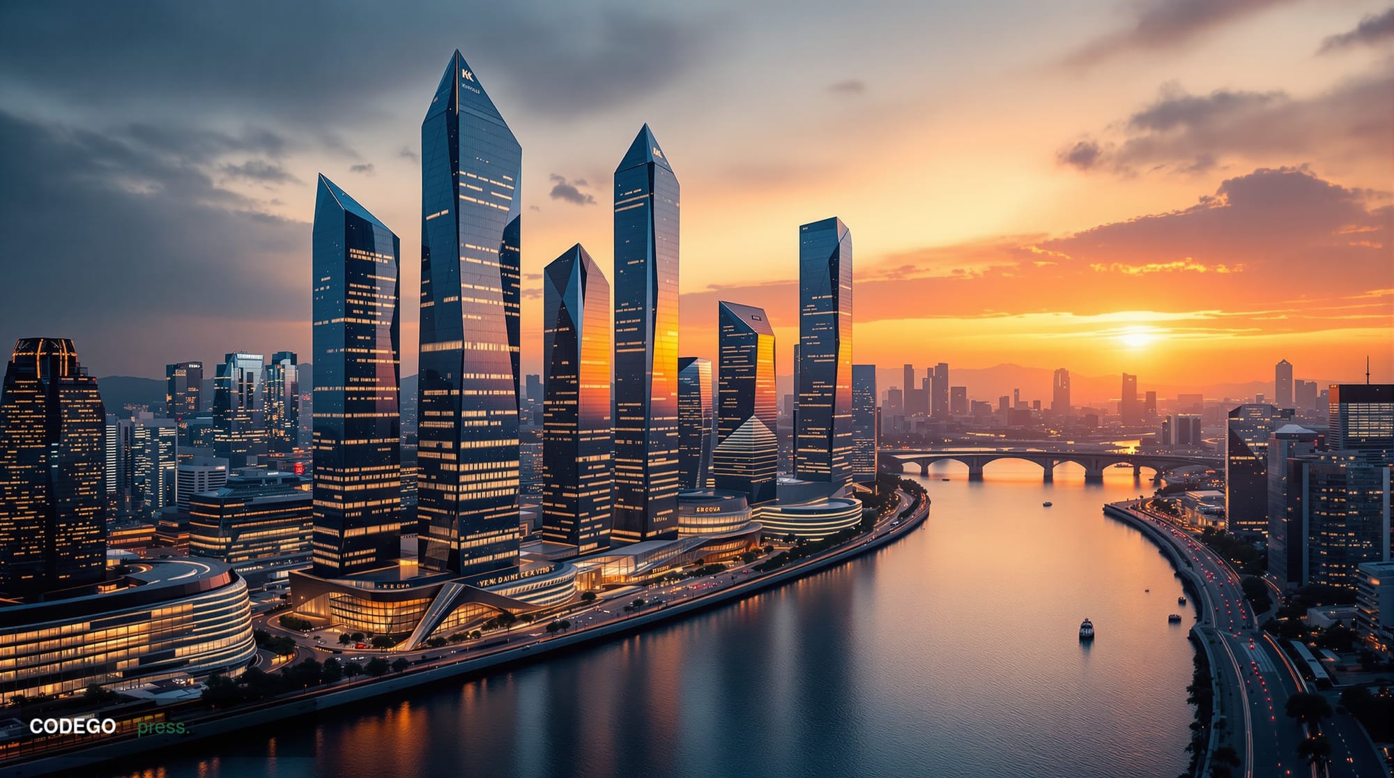 A cinematic editorial photograph of Seoul's financial district skyline at dusk, featuring the distinctive towers of Yeouido a