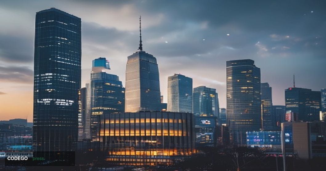 A dramatic photorealistic editorial photograph of Seoul's financial district skyline featuring Hana Bank's distinctive headqu