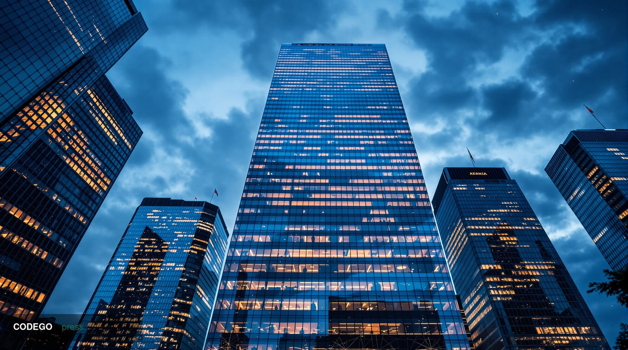 A cinematic editorial photograph capturing Seoul's financial district at dusk, with the illuminated towers of major Korean fi