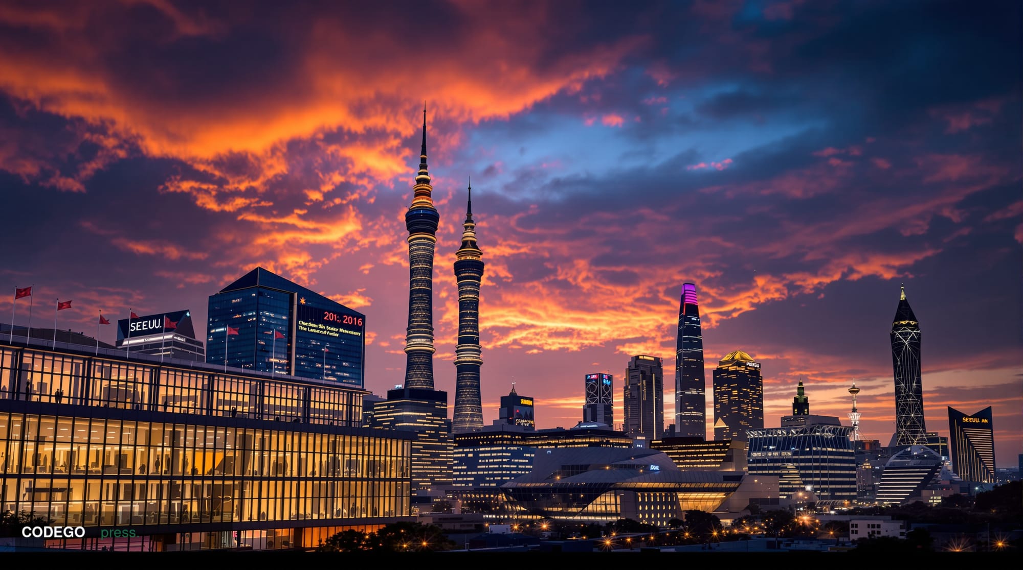 A dramatic photorealistic editorial photograph of Seoul's modern skyline at dusk, featuring the distinctive Lotte World Tower