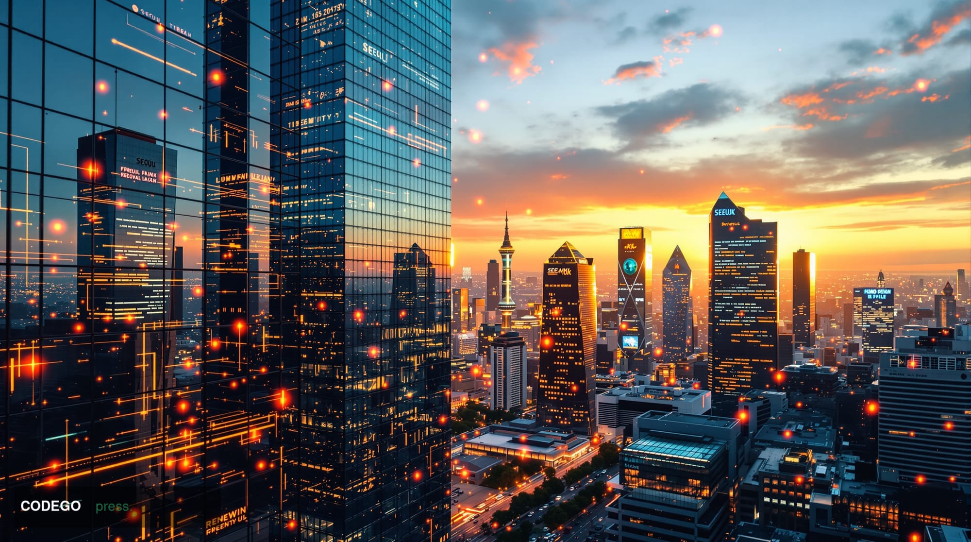 A dramatic photorealistic editorial photograph showing Seoul's modern financial district skyline with the iconic Lotte World 