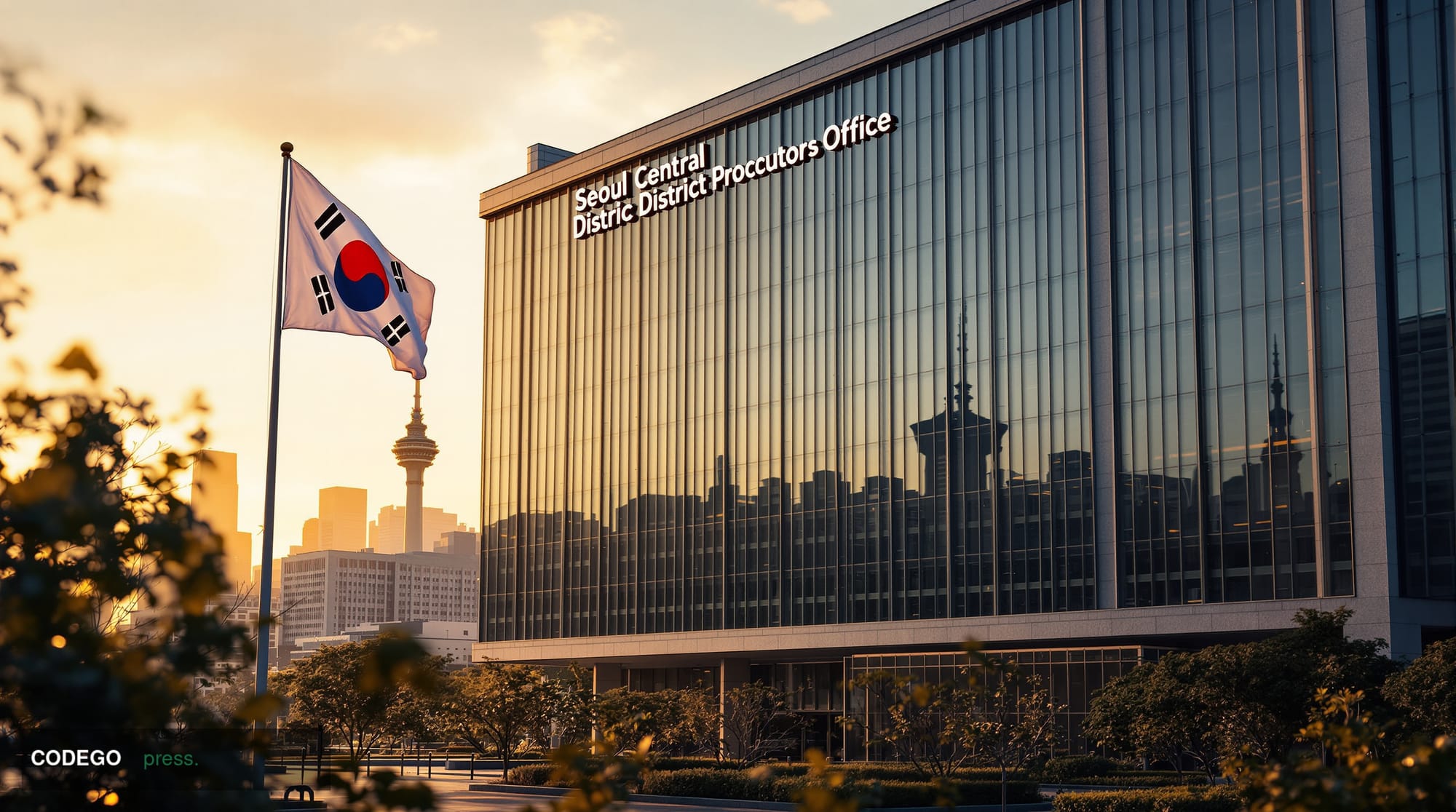 A dramatic photorealistic editorial photograph showing the Seoul Central District Prosecutors' Office building in Seoul, Sout