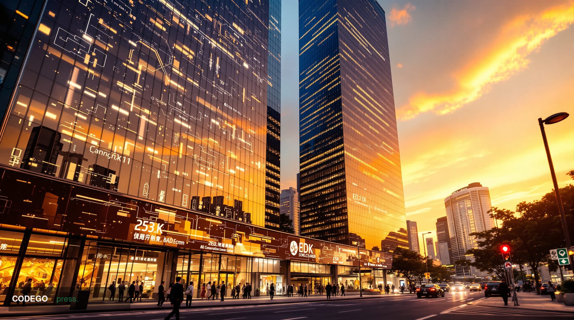 A dramatic photorealistic editorial photograph showcasing the Samsung headquarters in Seoul's Gangnam district, with SK Hynix