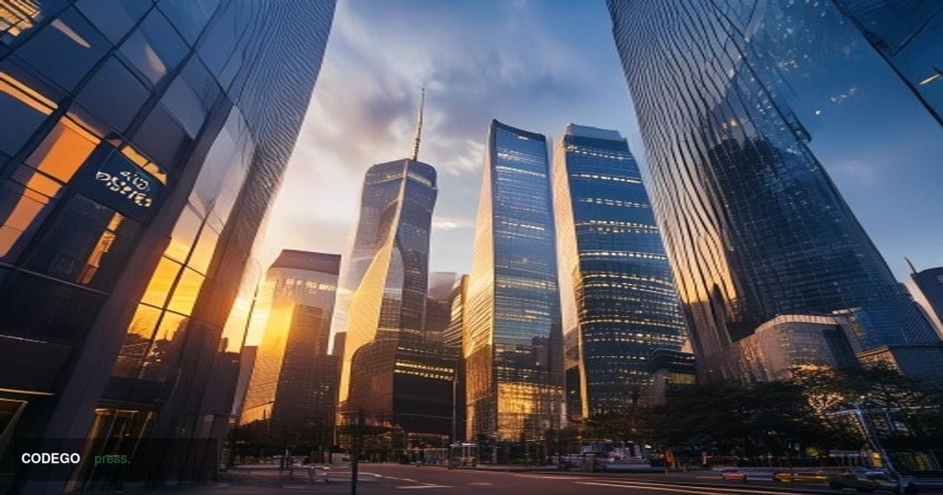 A cinematic editorial photograph of Seoul's financial district skyline featuring modern glass skyscrapers and corporate tower