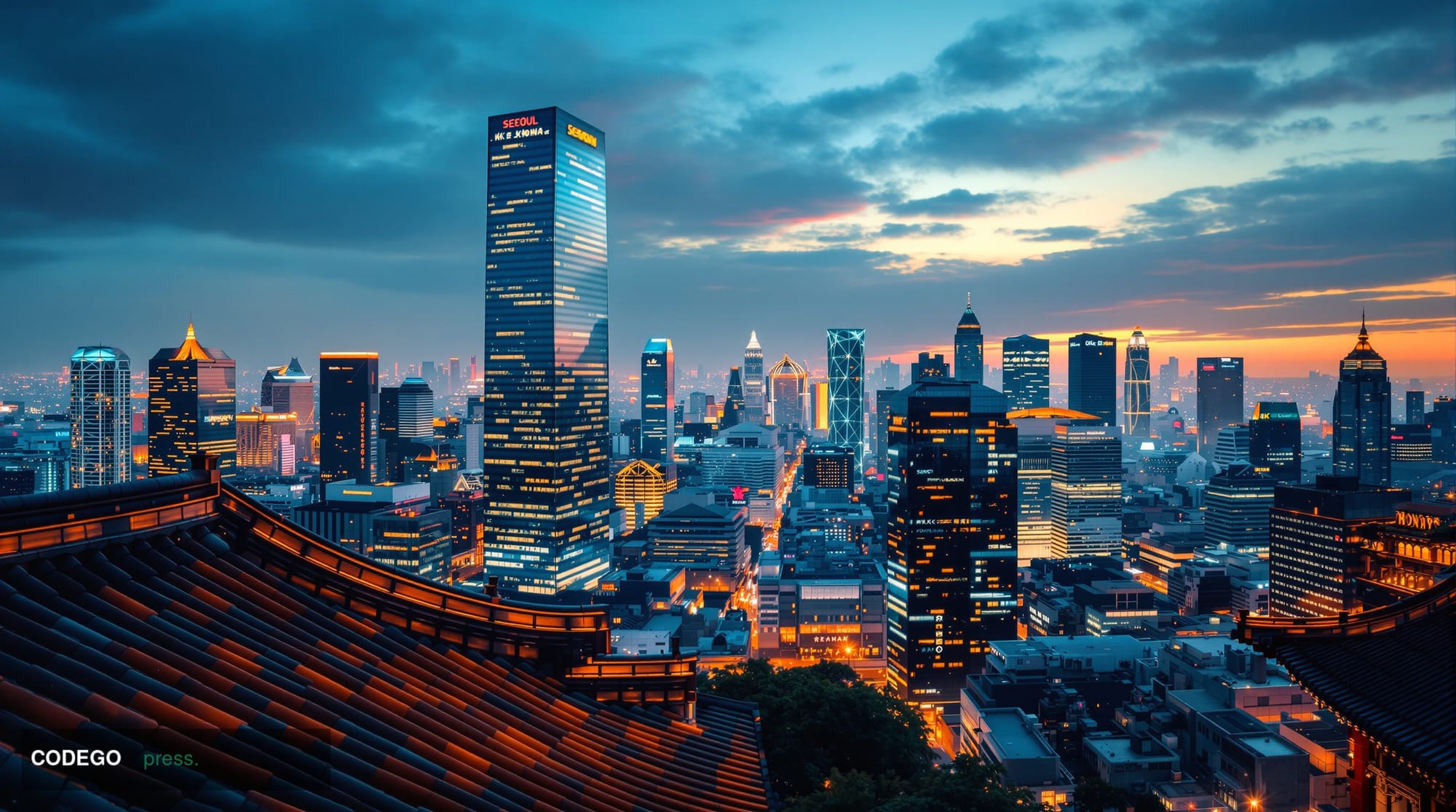 A cinematic editorial photograph showing Seoul's iconic financial district skyline with the distinctive Lotte World Tower and