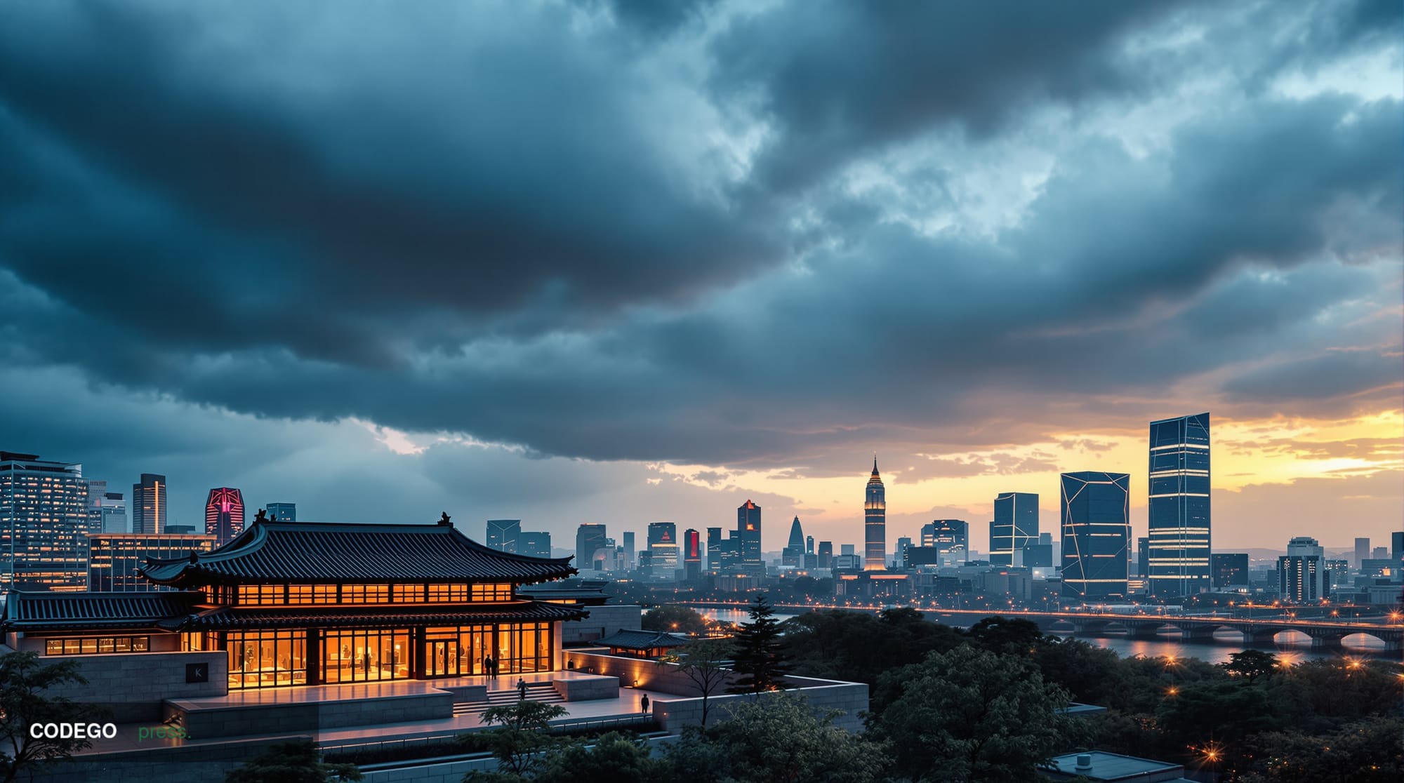 A cinematic editorial photograph showing the modern Seoul skyline at dusk with dramatic storm clouds overhead, shot from an e