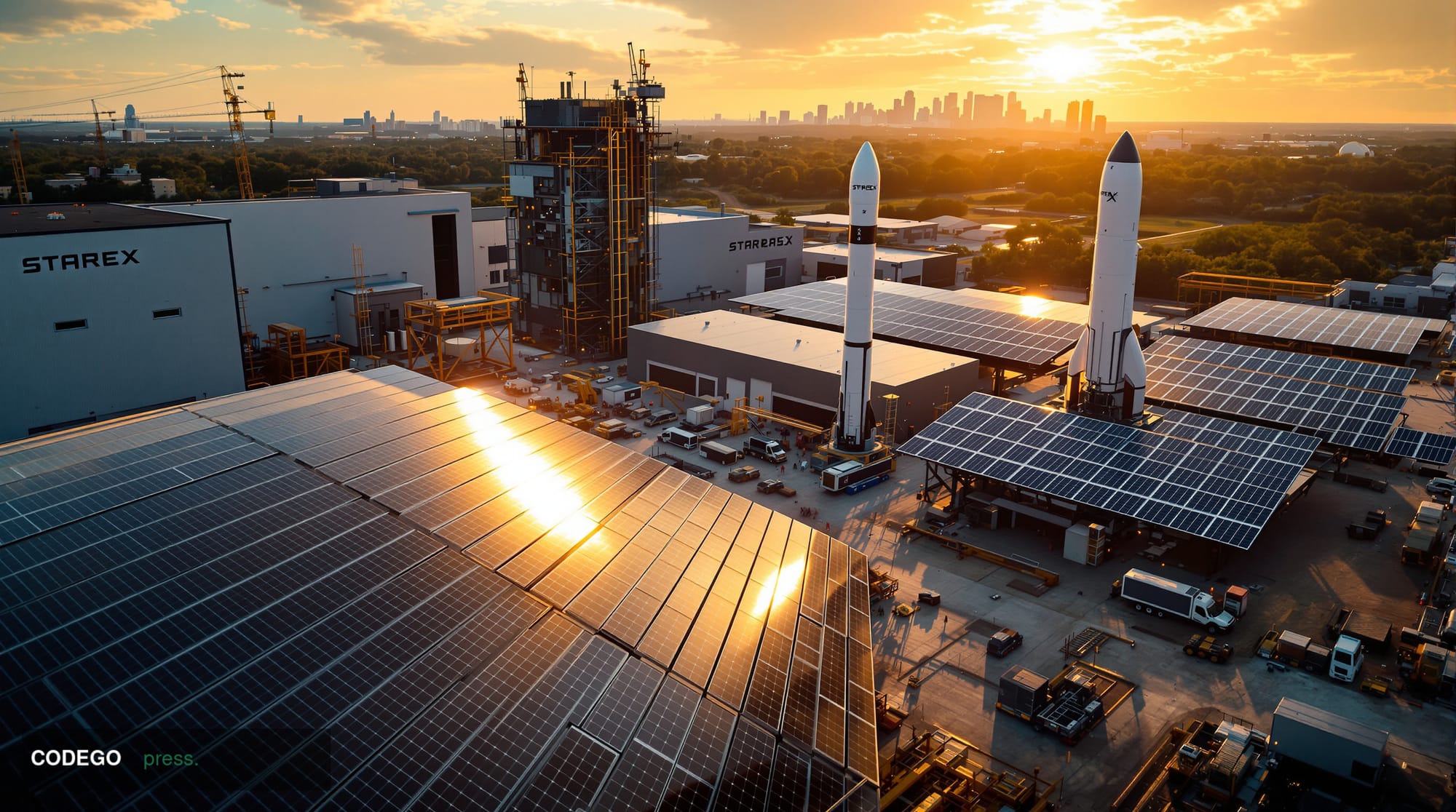 A cinematic editorial photograph of SpaceX's Starbase facility in Texas, showcasing the expansive aerospace complex with mult