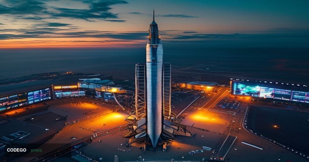 A dramatic aerial view of SpaceX's Starbase facility in Texas, captured during golden hour with warm amber lighting casting l