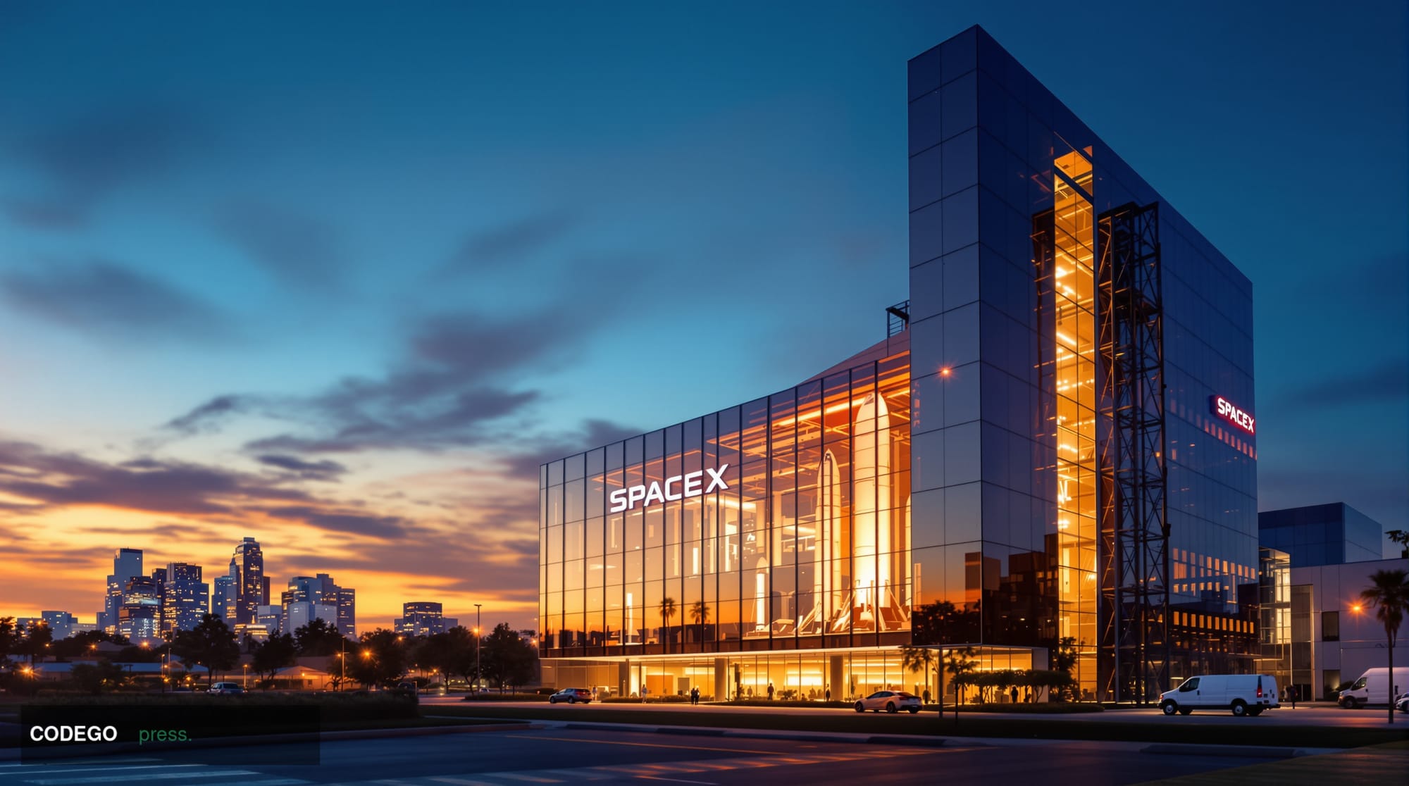 A cinematic editorial photograph showing SpaceX's Hawthorne, California headquarters exterior at golden hour, with the iconic