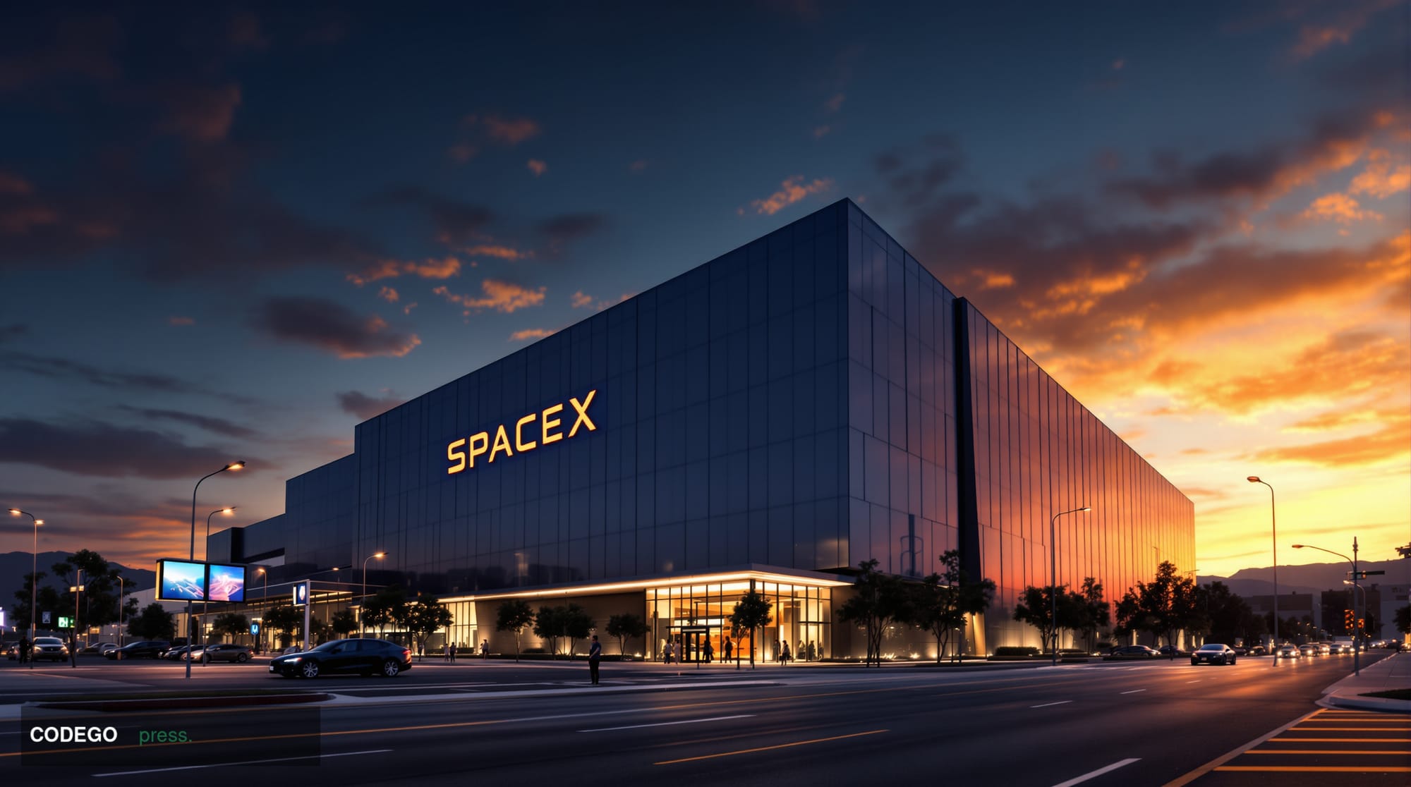 A dramatic editorial photograph capturing SpaceX's Hawthorne headquarters in California during golden hour, with the distinct