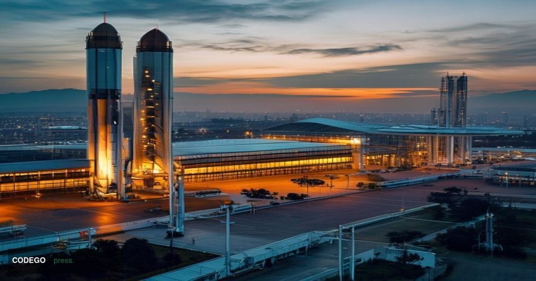 A cinematic editorial photograph showcasing SpaceX's Hawthorne headquarters complex in California, captured during golden hou