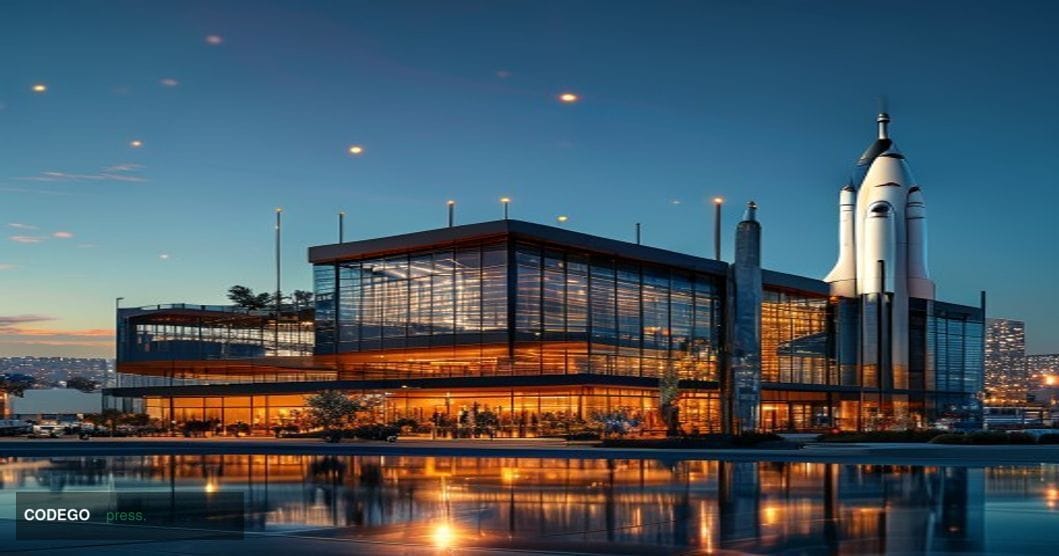 A dramatic photorealistic editorial photograph capturing SpaceX's Hawthorne headquarters at golden hour, with the iconic Falc