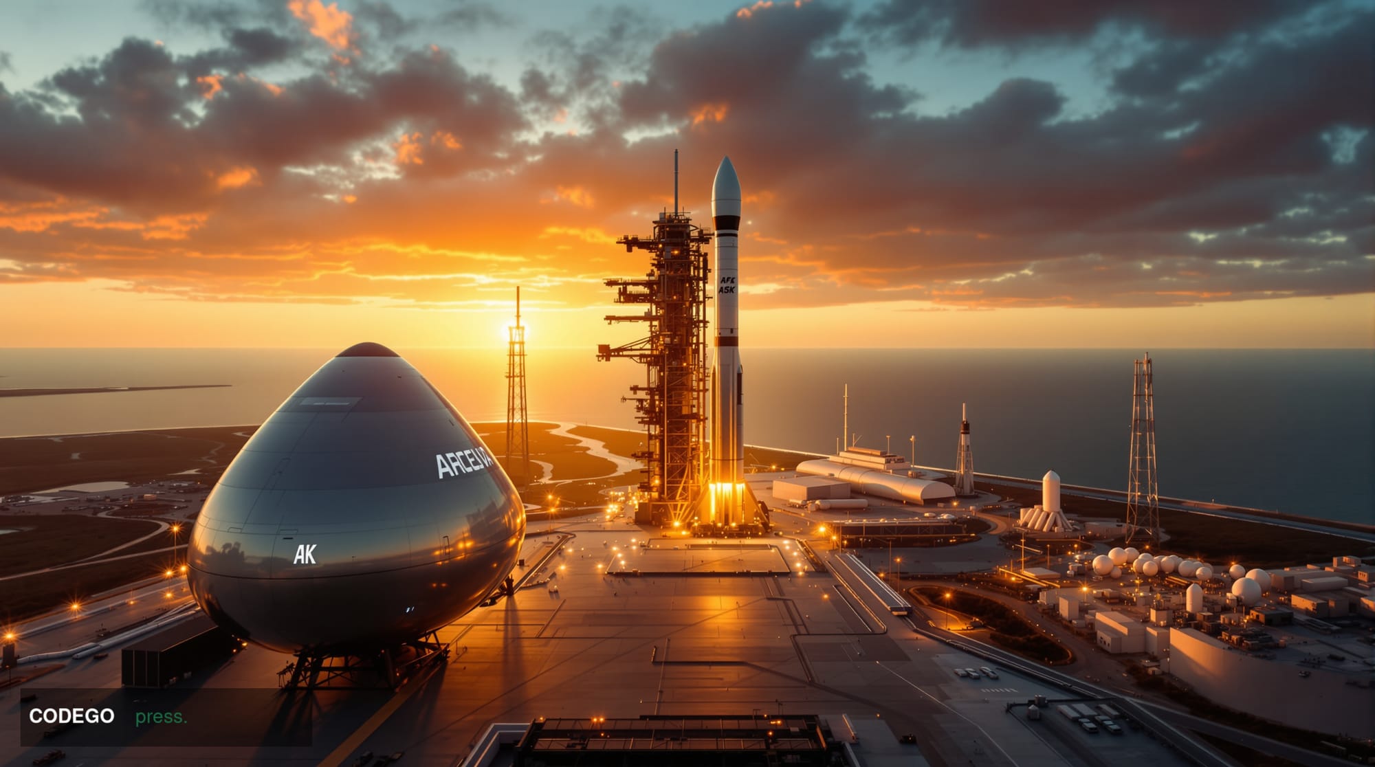 A cinematic editorial photograph of SpaceX's Starbase facility in Boca Chica, Texas, captured at golden hour with dramatic am
